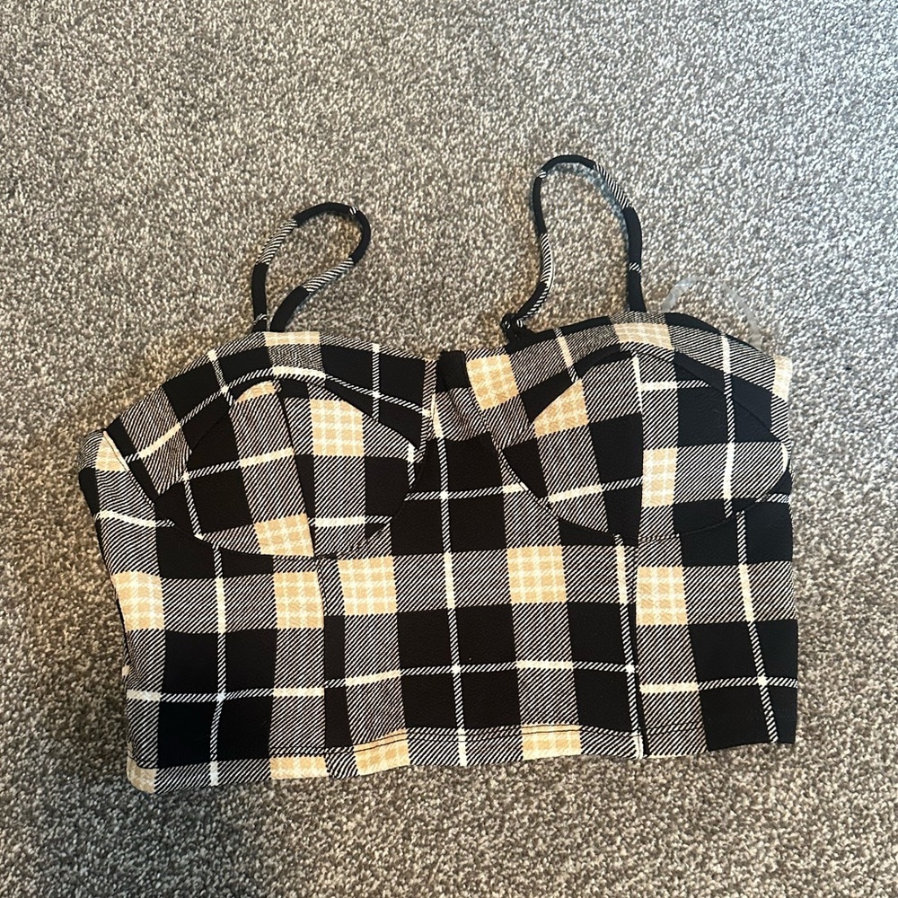Plaid Black and Cream Bustier Crop Top Size XSmall